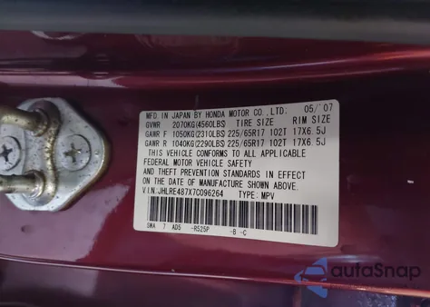 2007 Honda Cr-V Ex-L from USA, damaged, VIN JHLRE487X7C096264